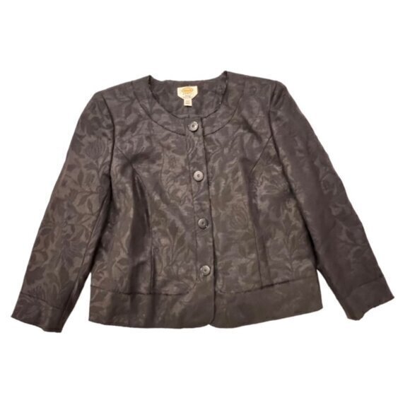 Talbots Woman Collarless Blazer Size 14W Black Brocade‎ Italian Fabric Button Up - Picture 1 of 14